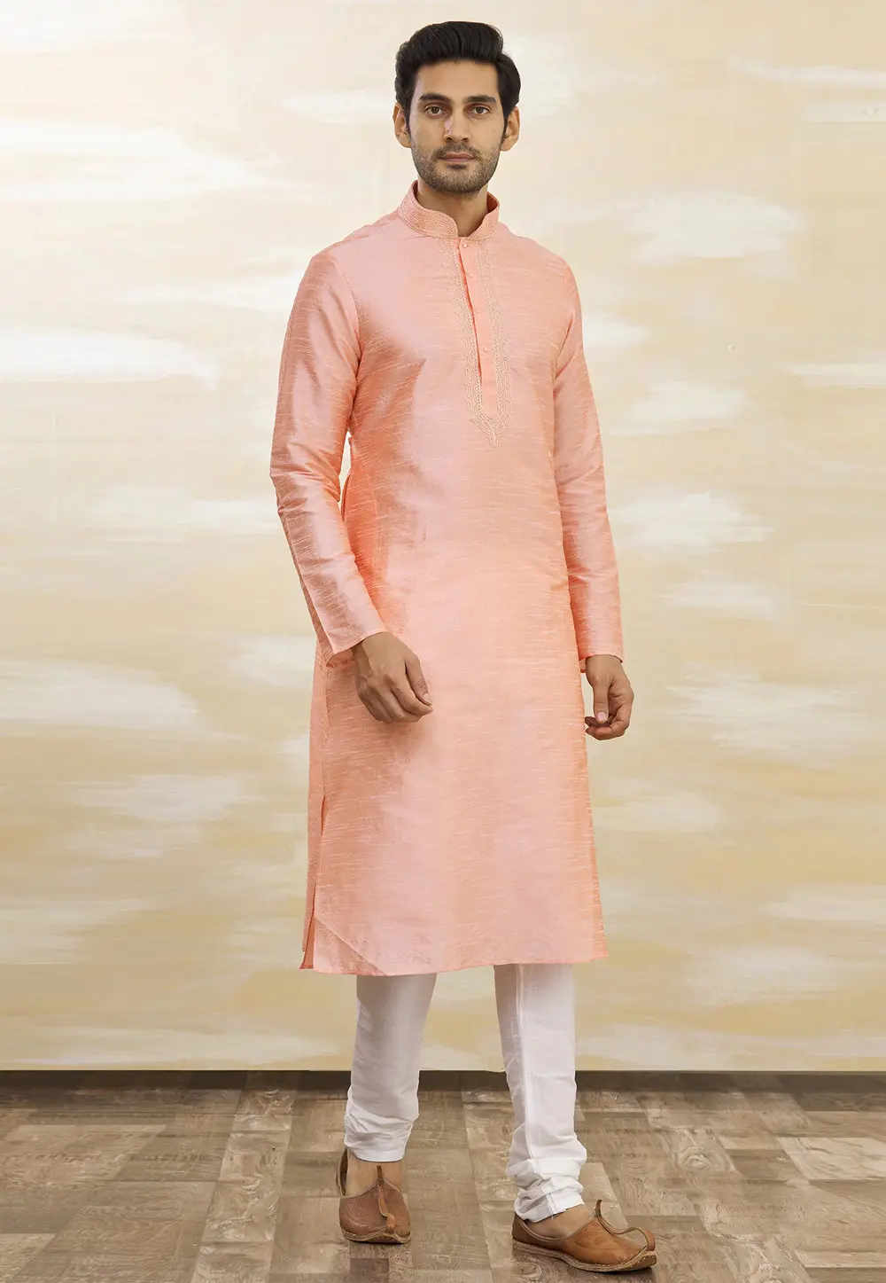 Peach Art Silk Kurta Pajama 300276