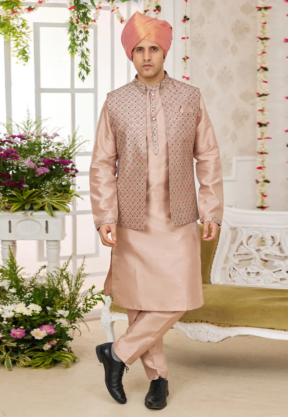 Peach Art Silk Kurta Pajama With Jacket 295255