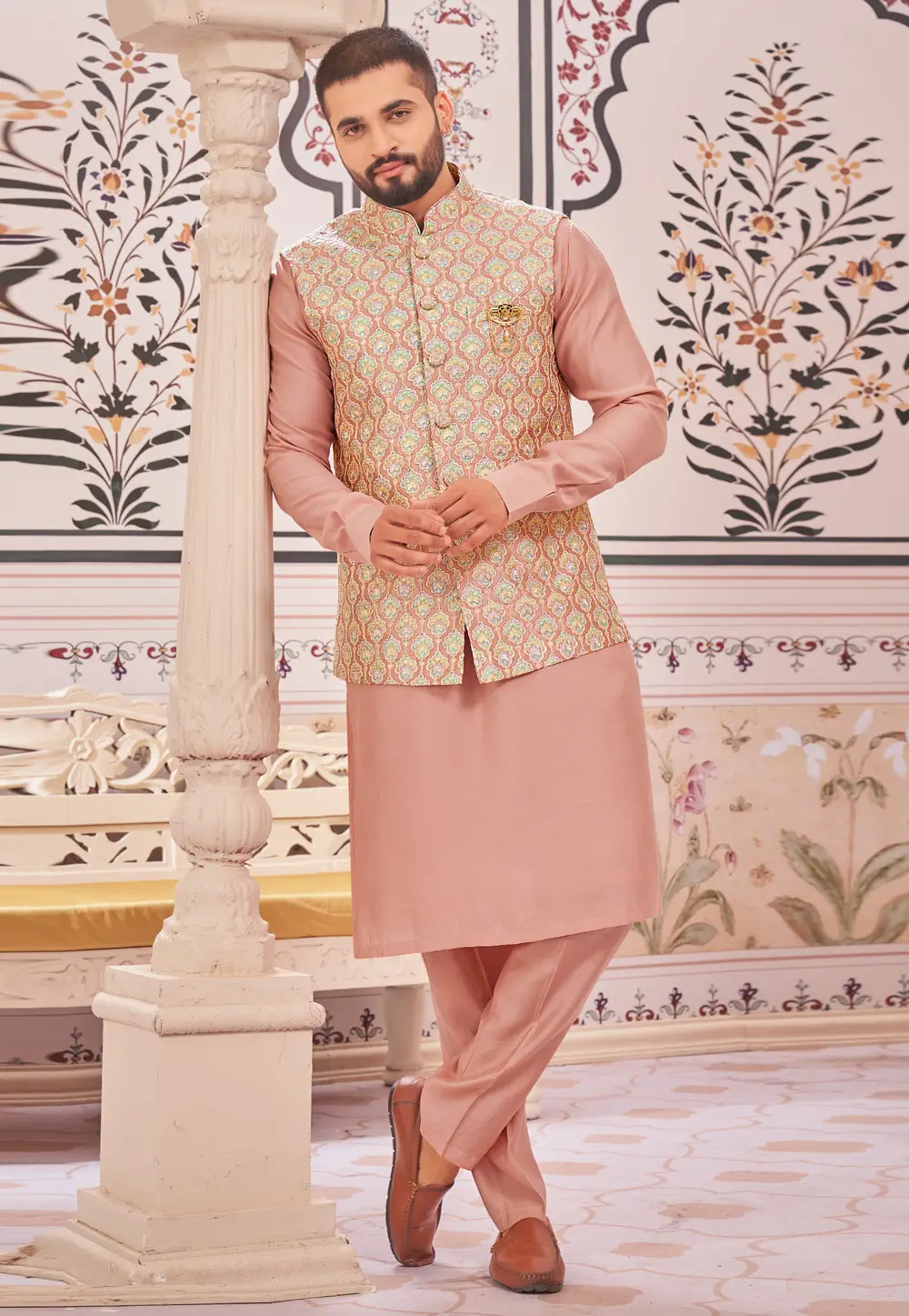 Peach Art Silk Kurta Pajama With Jacket 296623