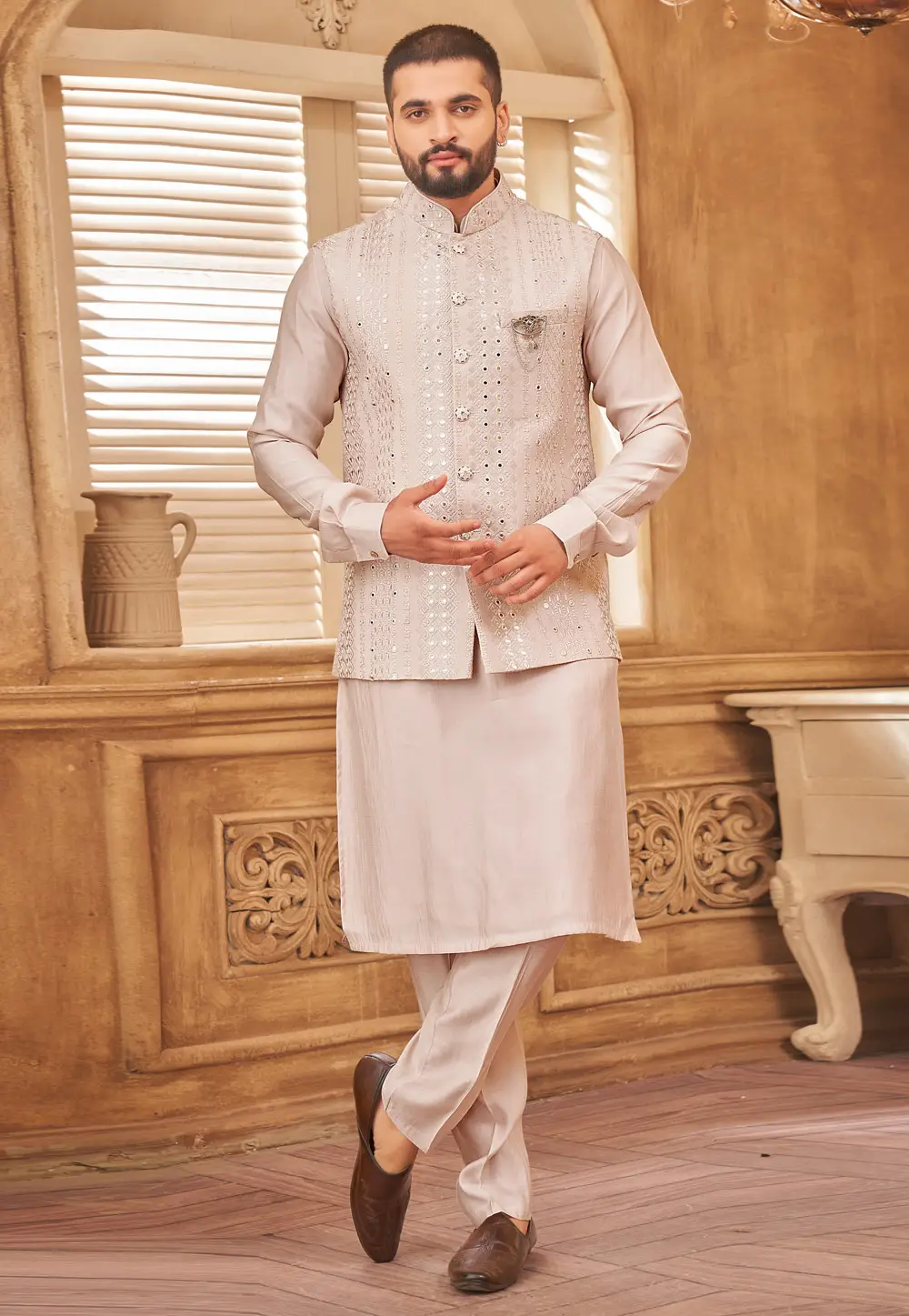 Peach Art Silk Kurta Pajama With Jacket 296645