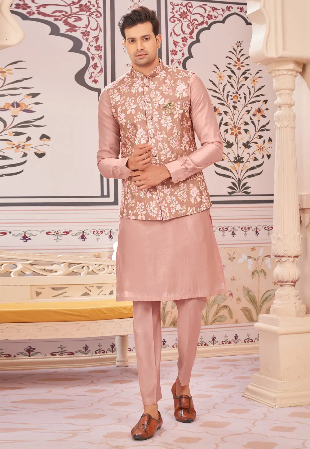 Peach Art Silk Kurta Pajama With Jacket 296706