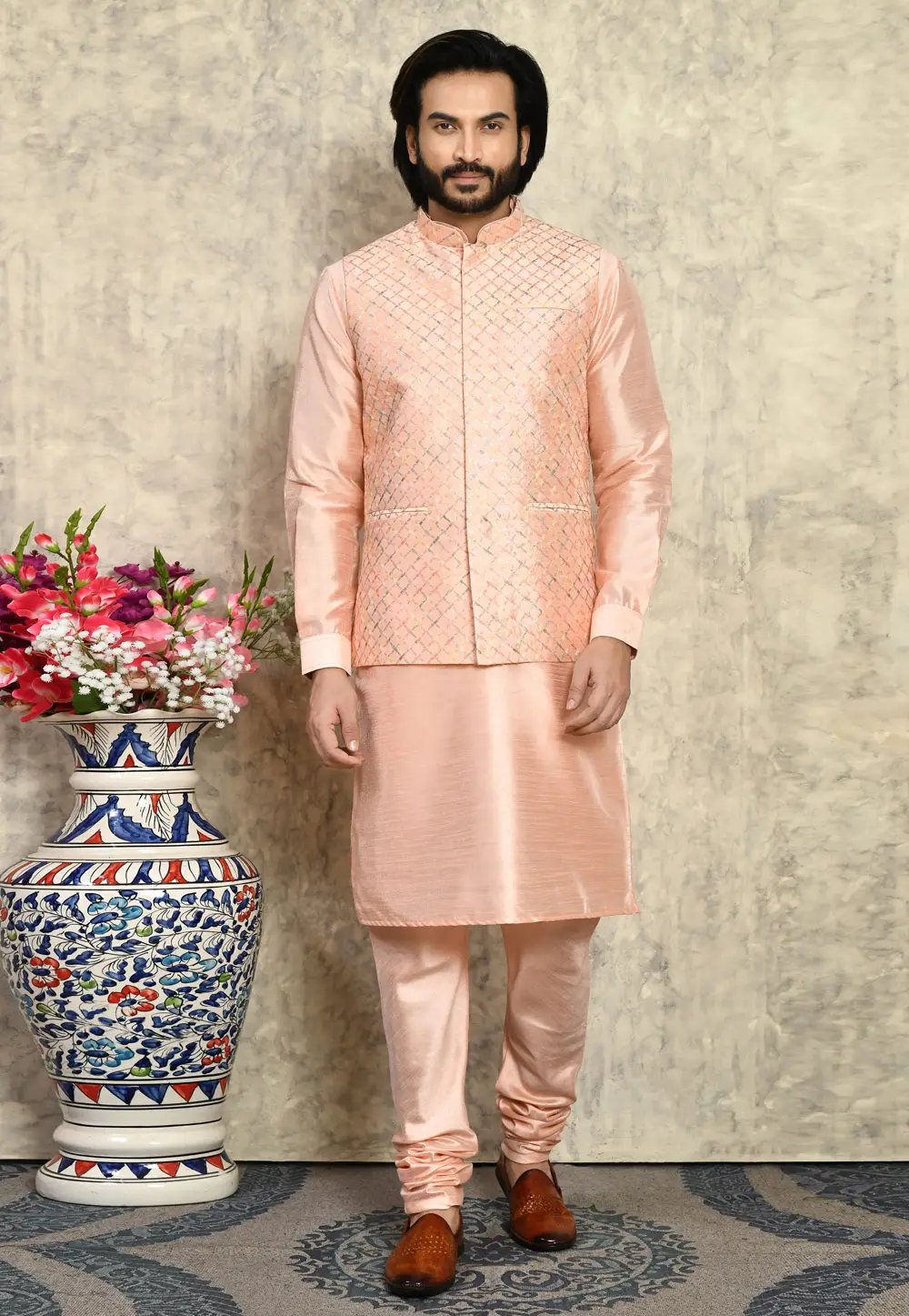 Peach Art Silk Kurta Pajama With Jacket 295434