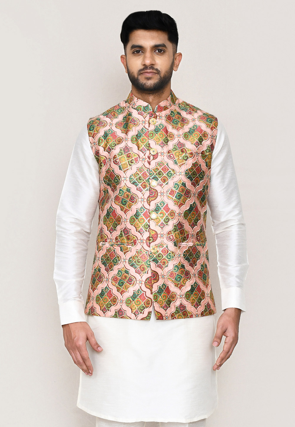 Peach Art Silk Nehru Jacket 306051