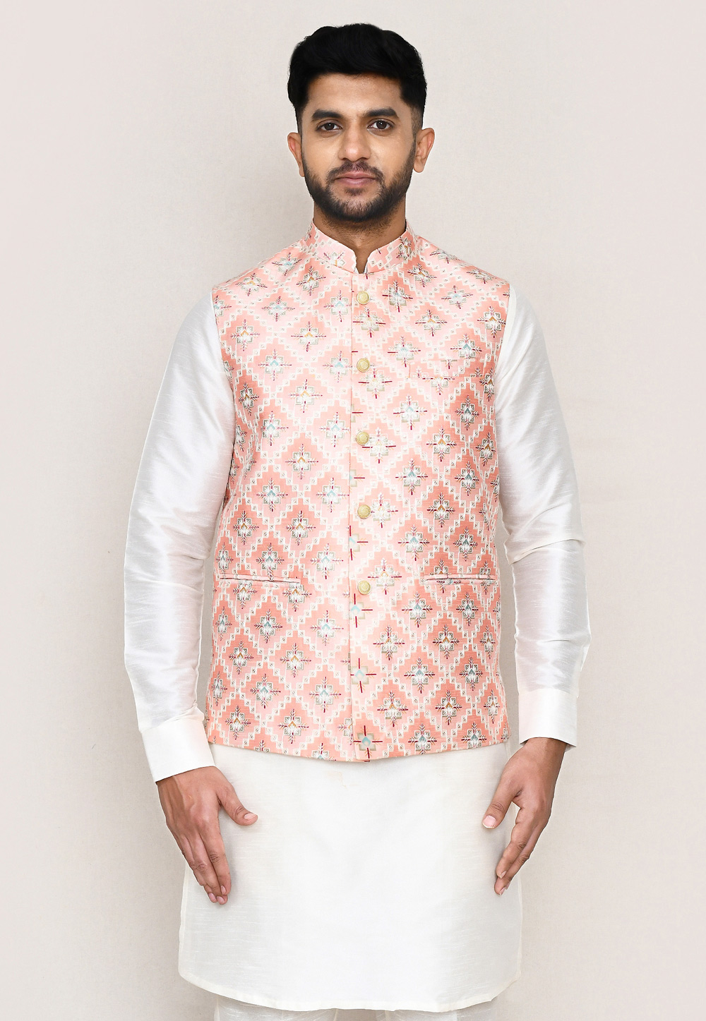 Peach Art Silk Nehru Jacket 306064