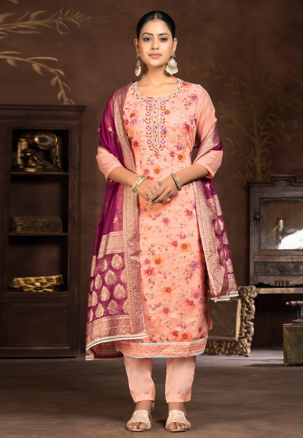 Peach Art Silk Pakistani Suit 281052