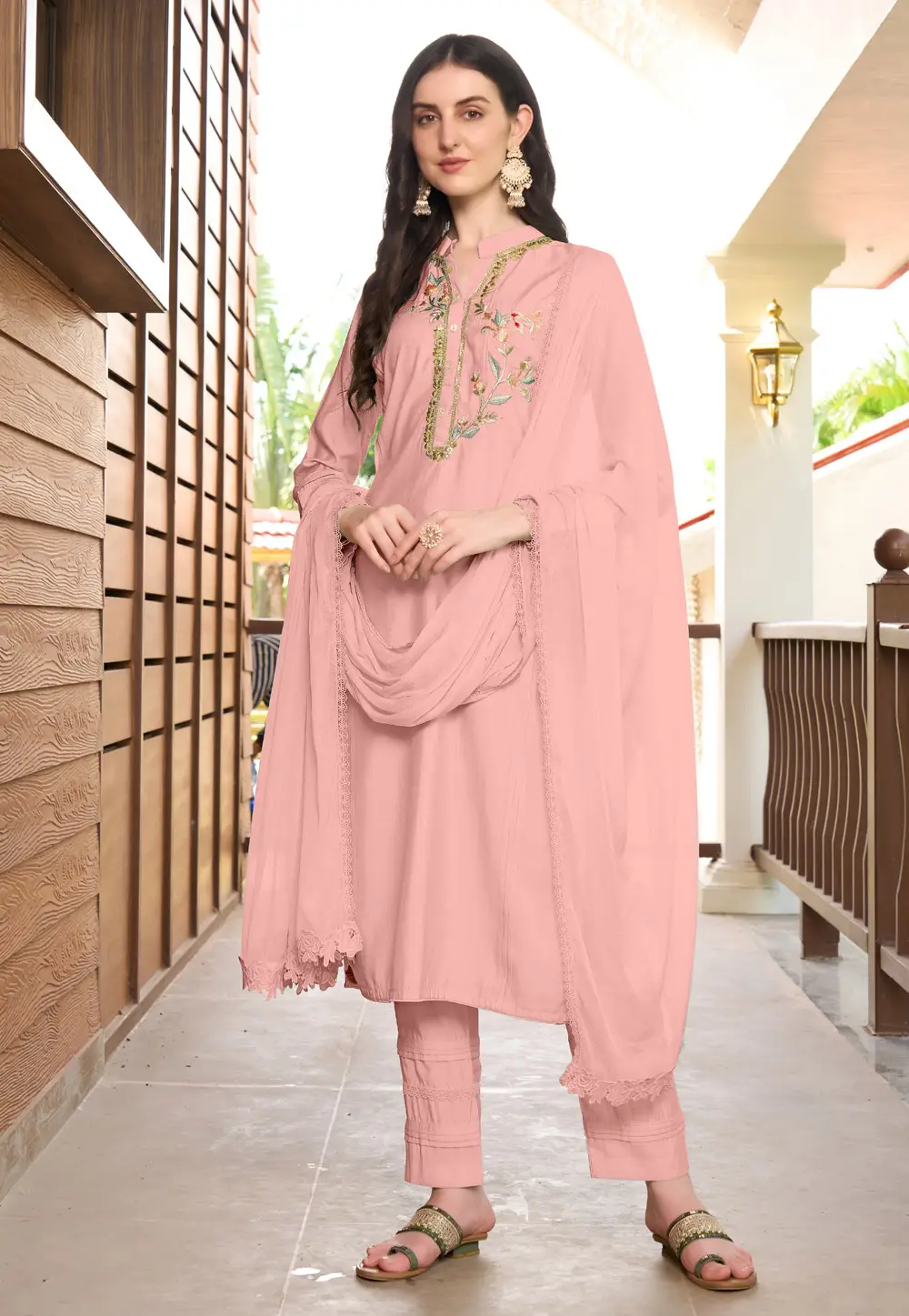 Peach Art Silk Readymade Pakistani Suit 296770