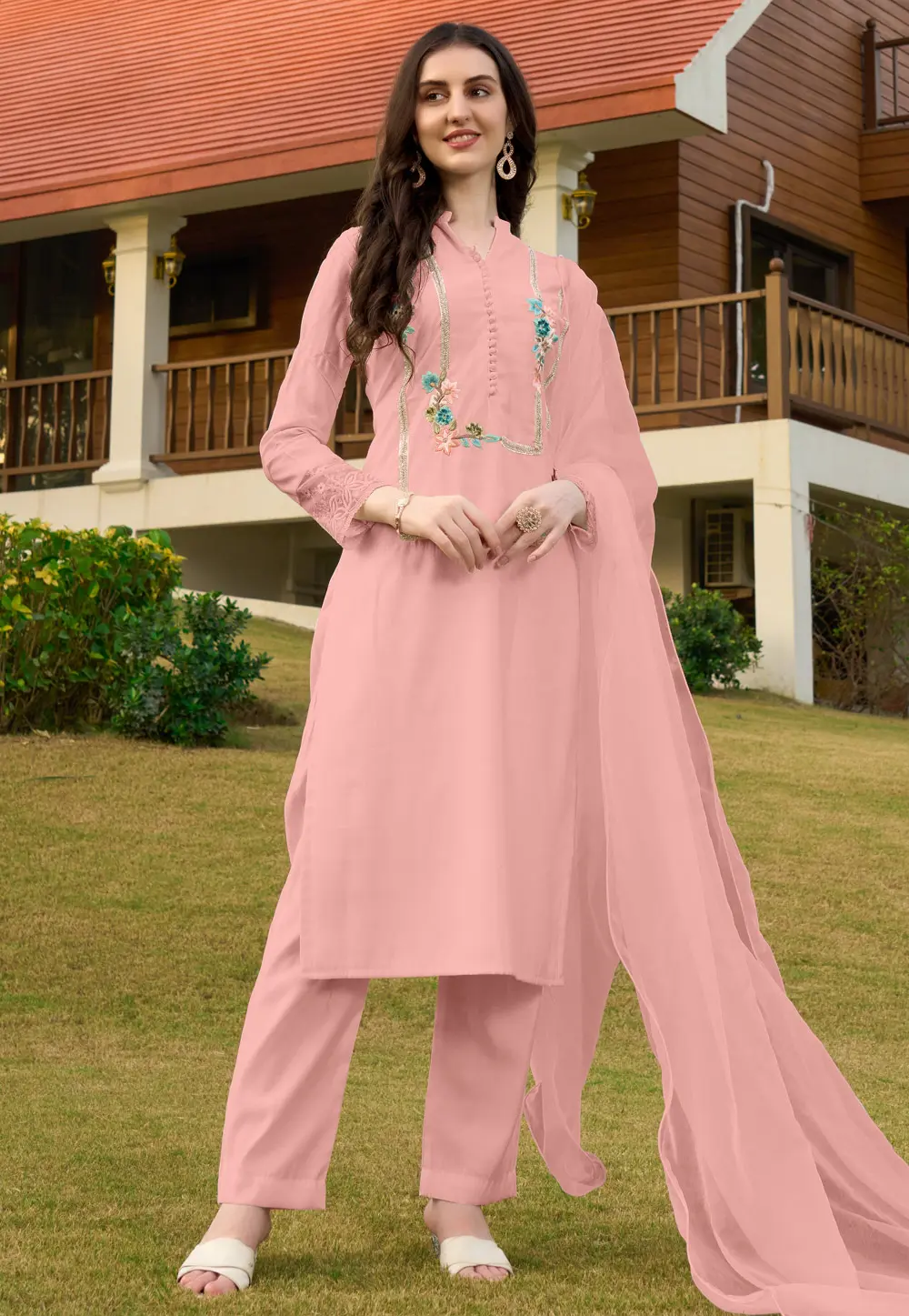 Peach Art Silk Readymade Pakistani Suit 303327