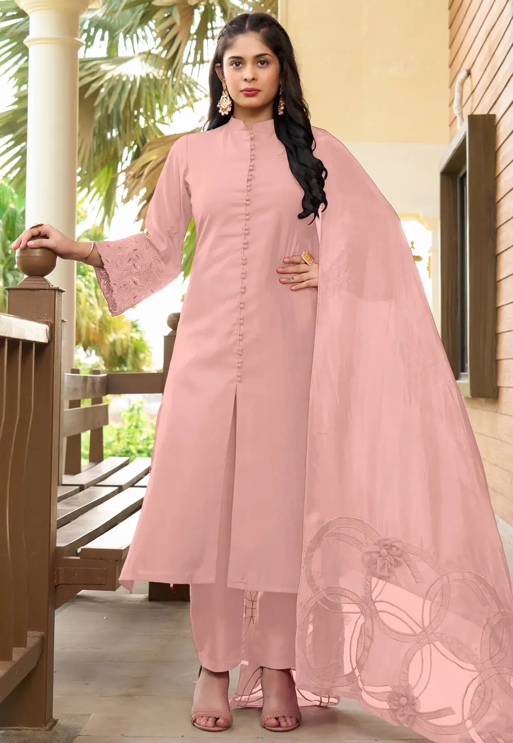 Peach Art Silk Readymade Pant Style Suit 296775