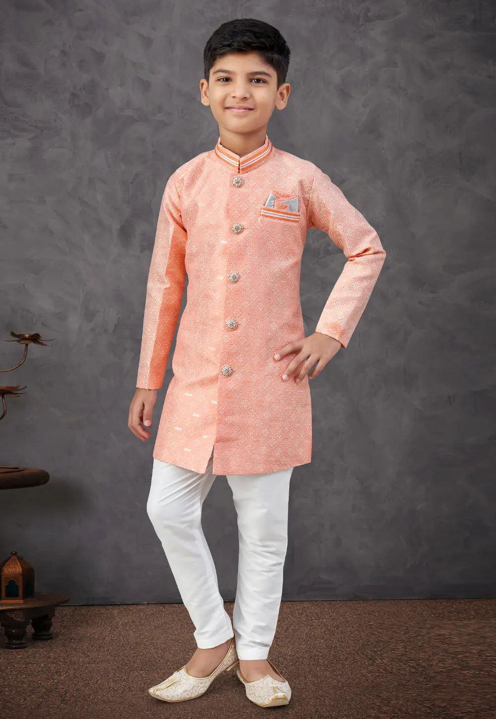 Peach Banarasi Jacquard Kids Indo Western Sherwani 301337