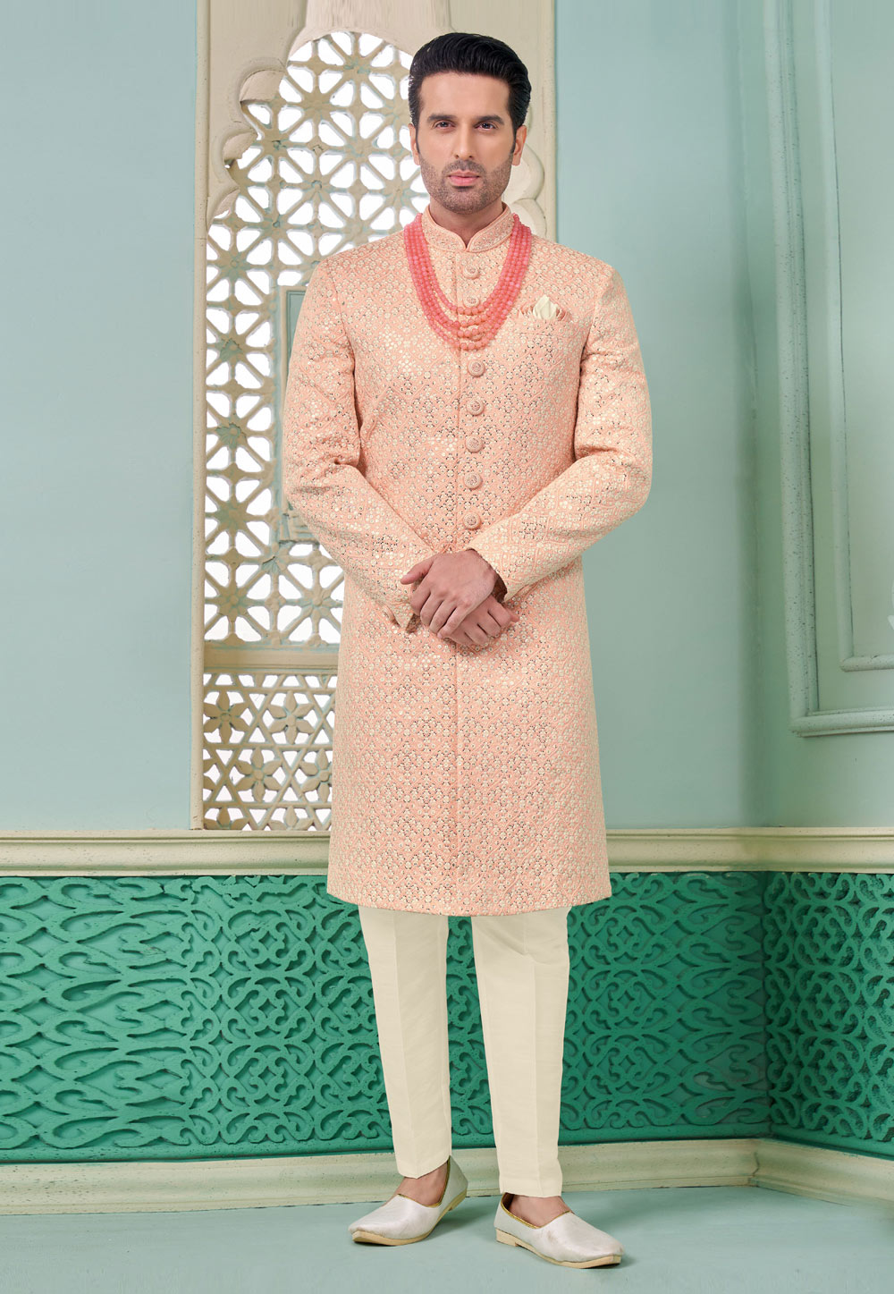 Peach Banarasi Silk Achkan Style Sherwani 285363