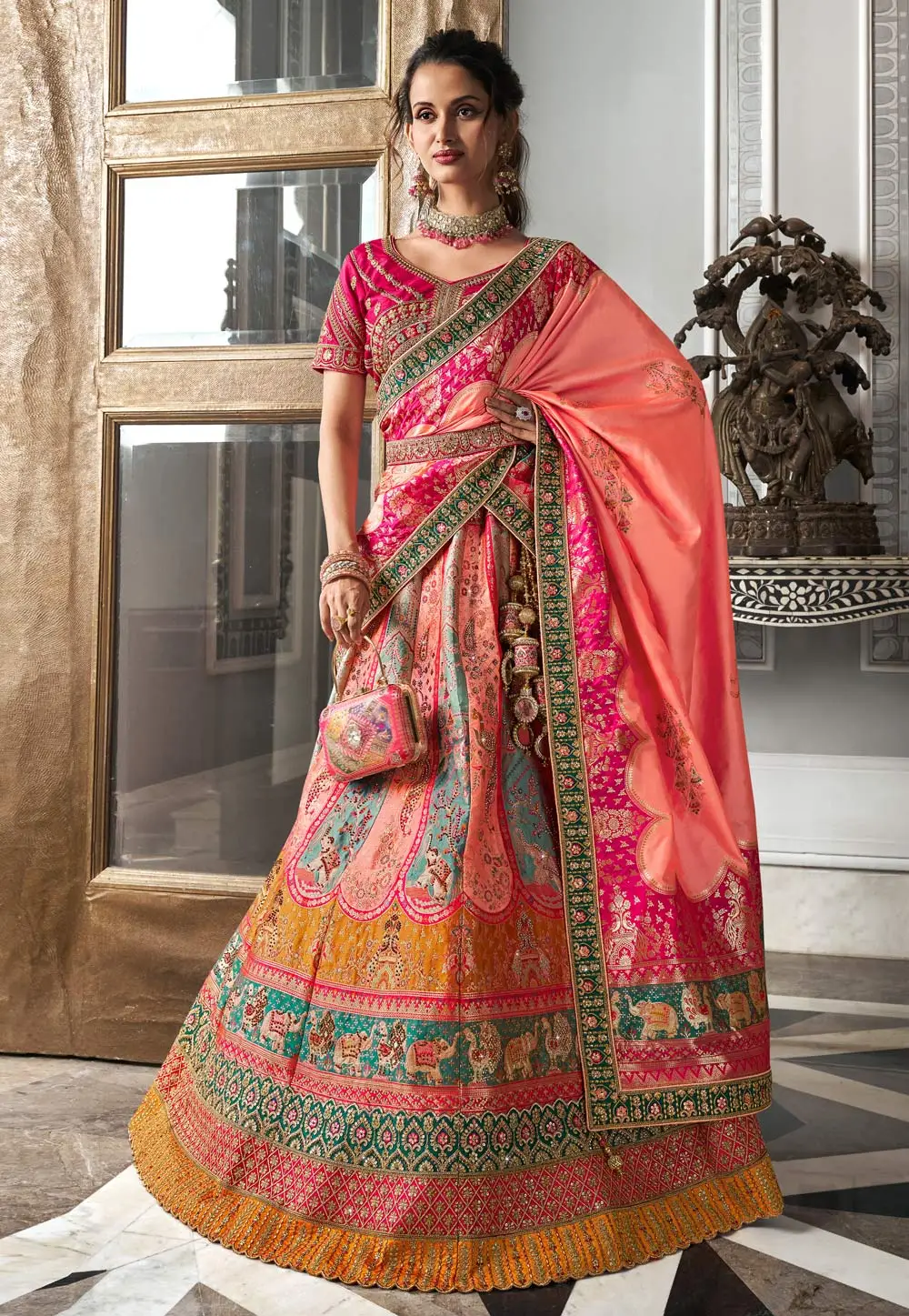 Peach Banarasi Silk Circular Lehenga Choli 296235