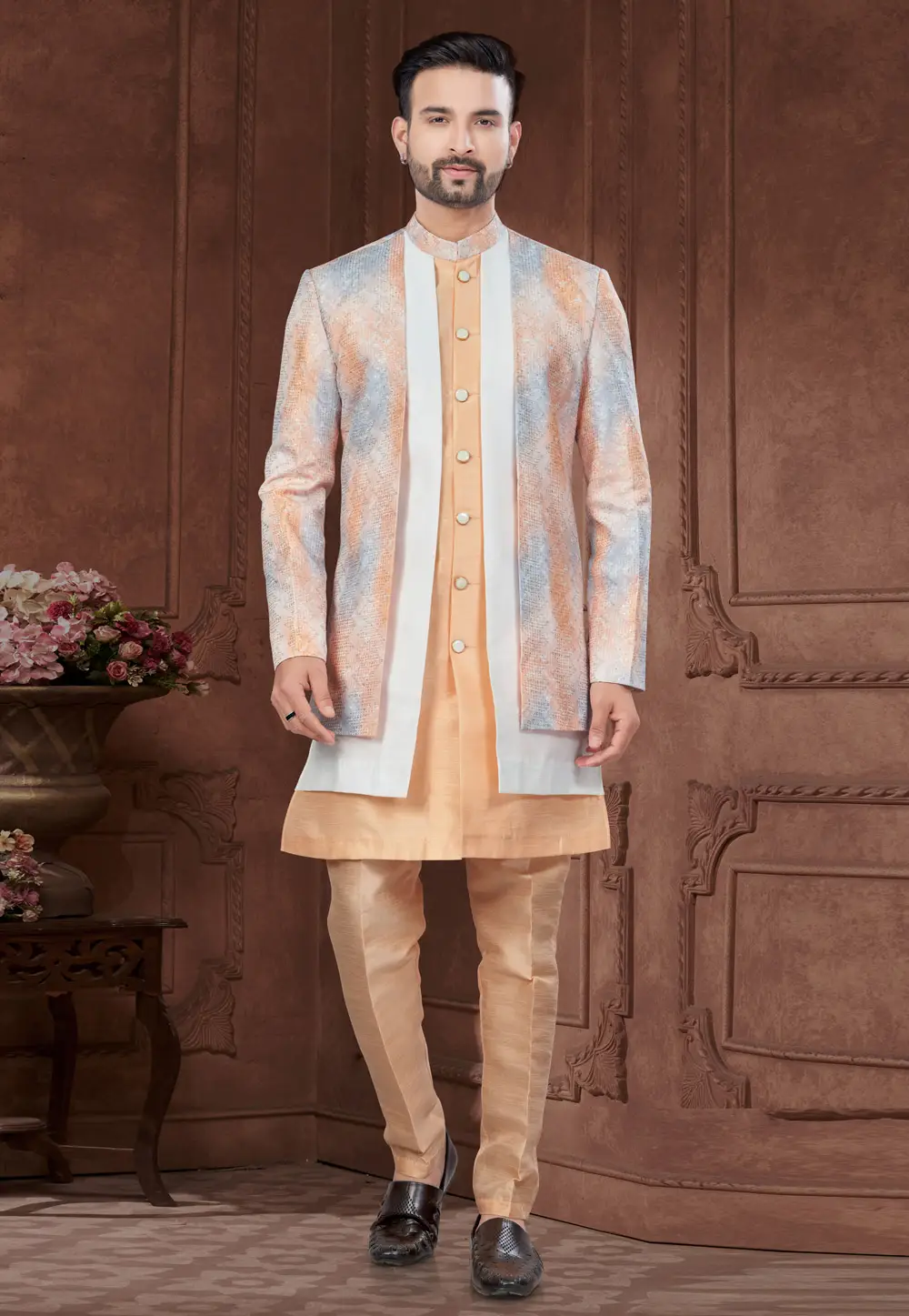 Peach Banarasi Silk Indo Western Suit 295631