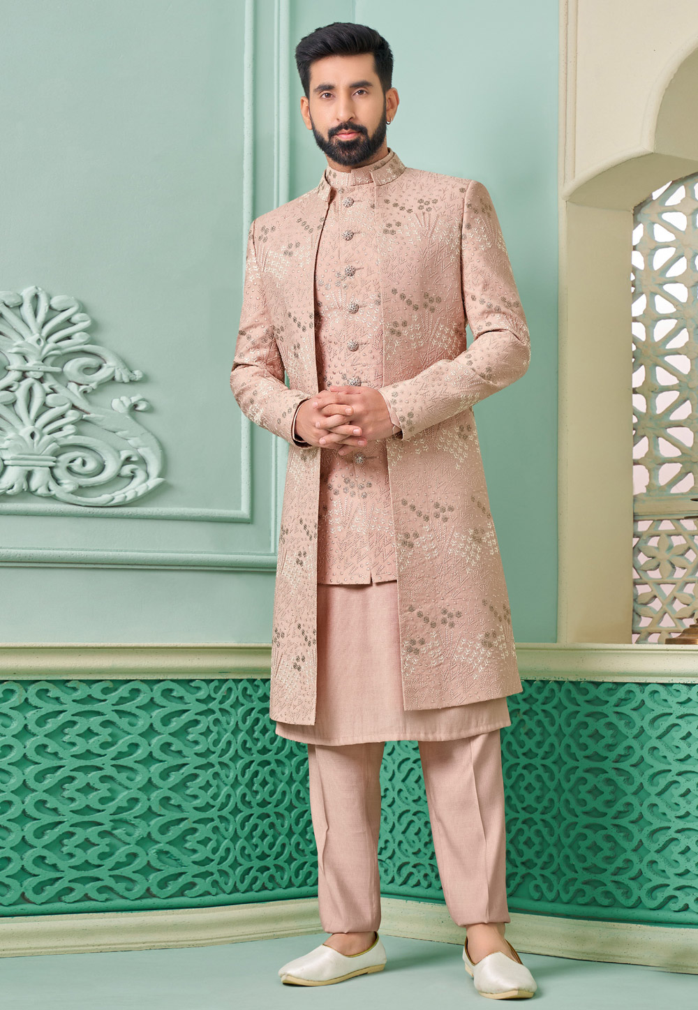 Peach Banarasi Silk Jacket Style Sherwani 285335