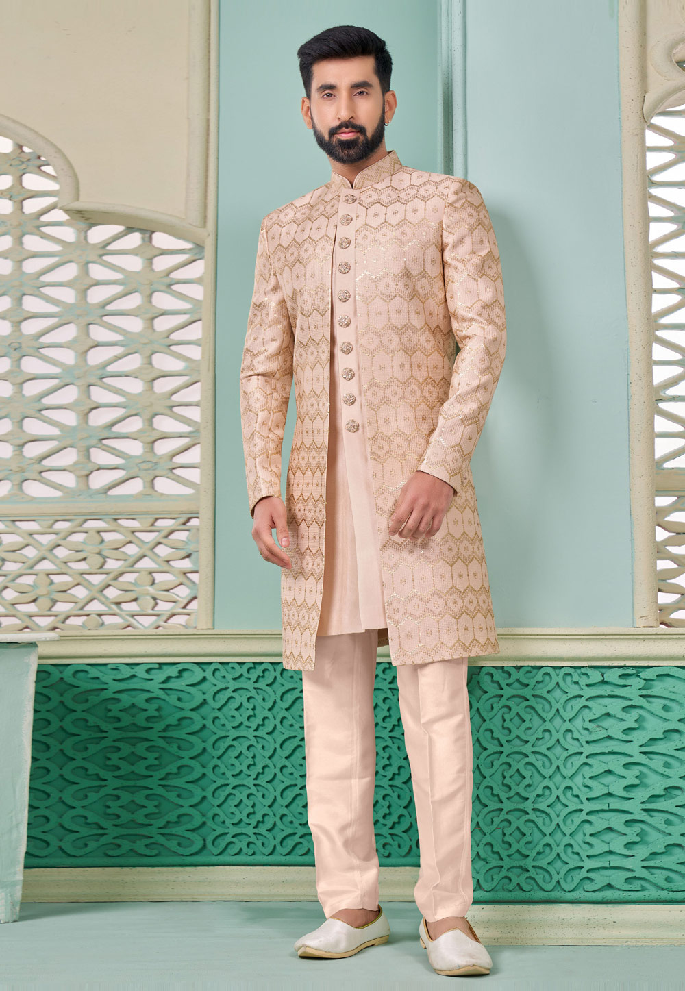 Peach Banarasi Silk Jacket Style Sherwani 285353