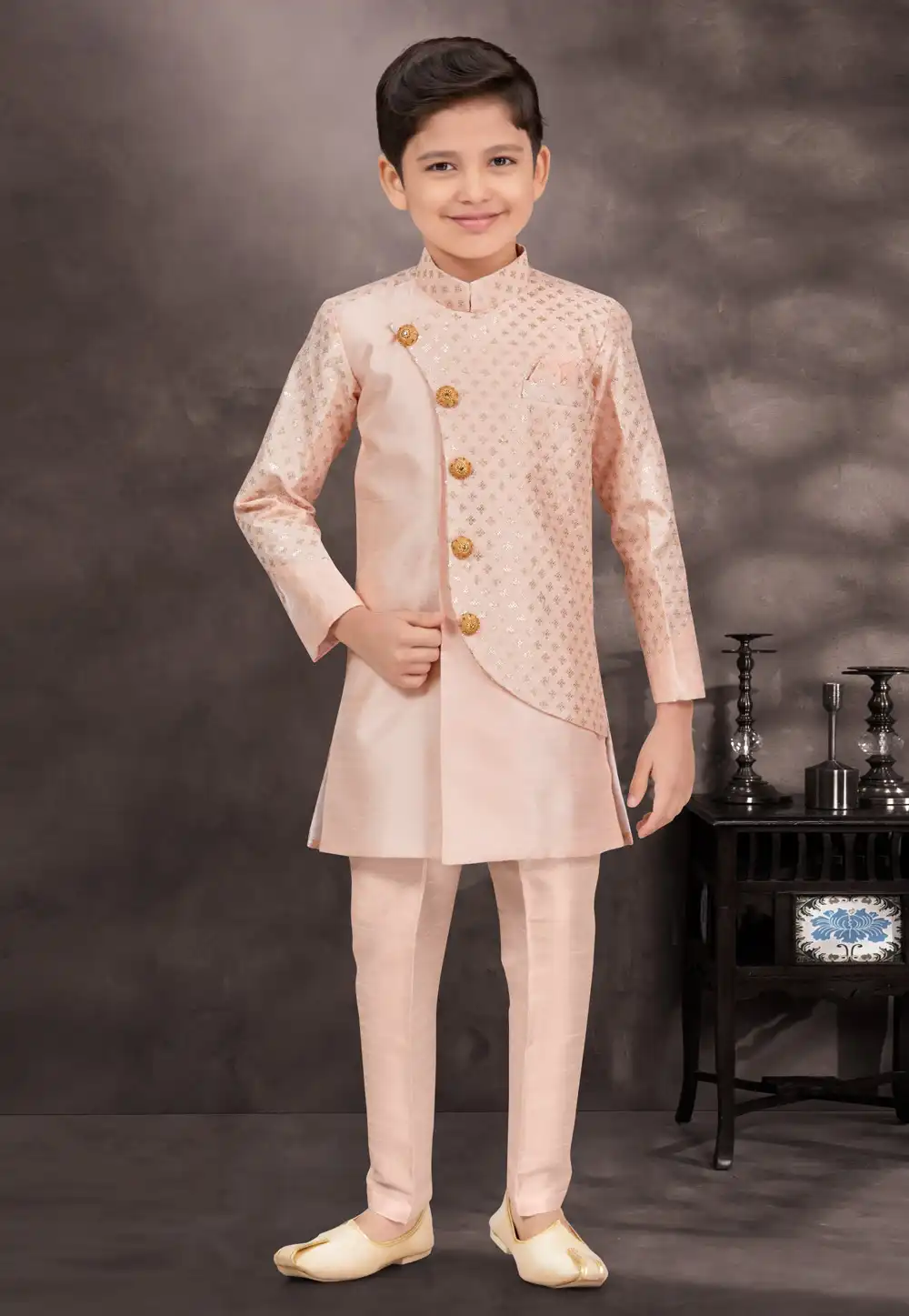 Peach Banarasi Silk Kids Indo Western Sherwani 294963