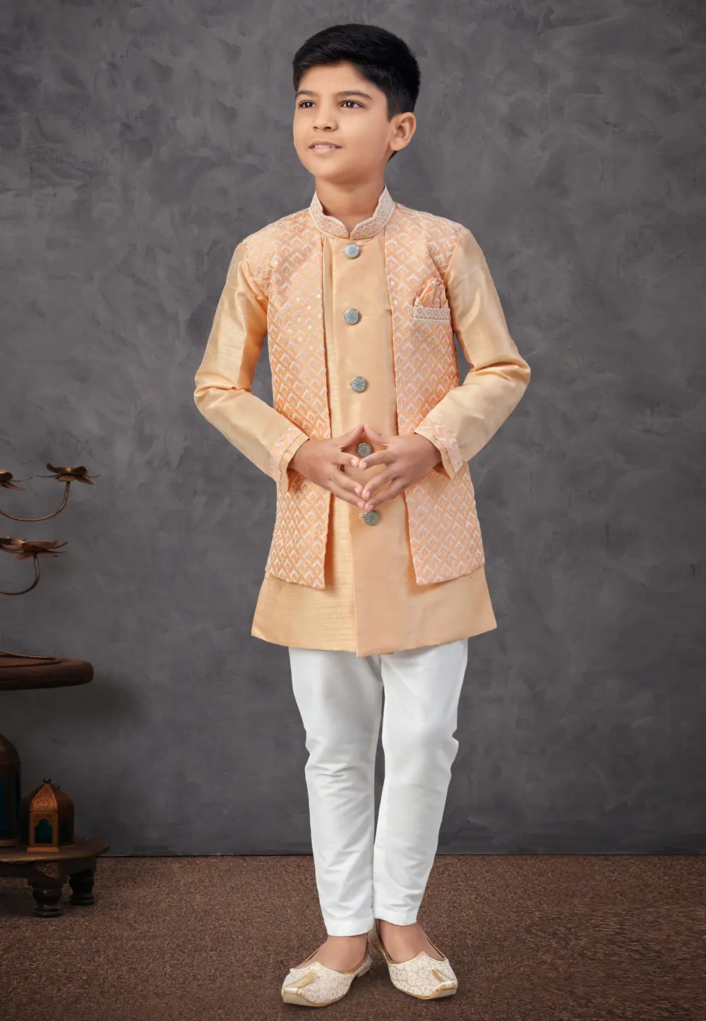 Peach Banarasi Silk Kids Indo Western Suit 301331