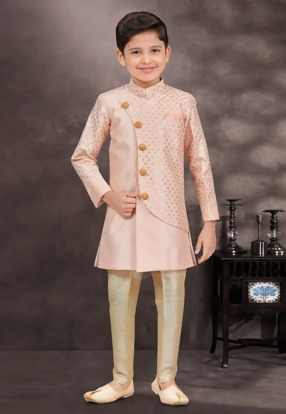 Peach Banarasi Silk Kids Indo Western Suit 292984