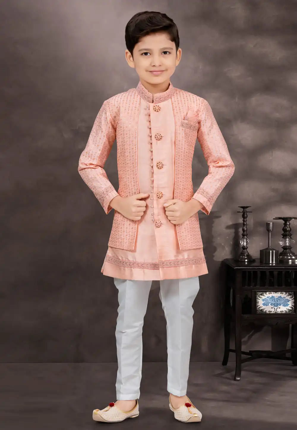 Peach Banarasi Silk Kids Indo Western Suit 292992