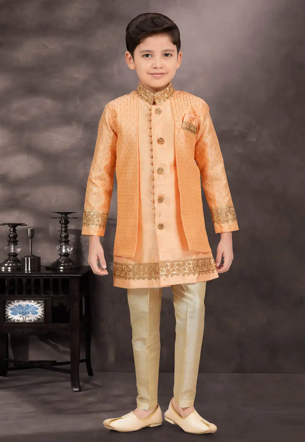 Peach Banarasi Silk Kids Indo Western Suit 293002