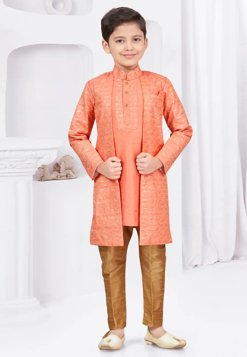 Peach Banarasi Silk Kids Indo Western Suit 293004