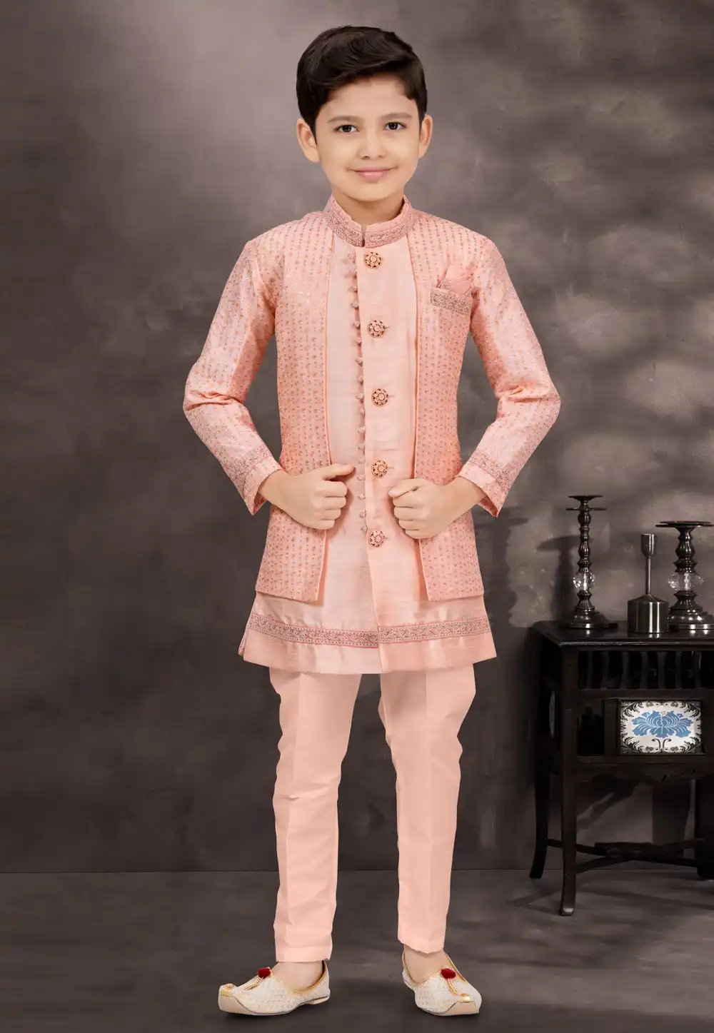 Peach Banarasi Silk Kids Indo Western Suit 294969