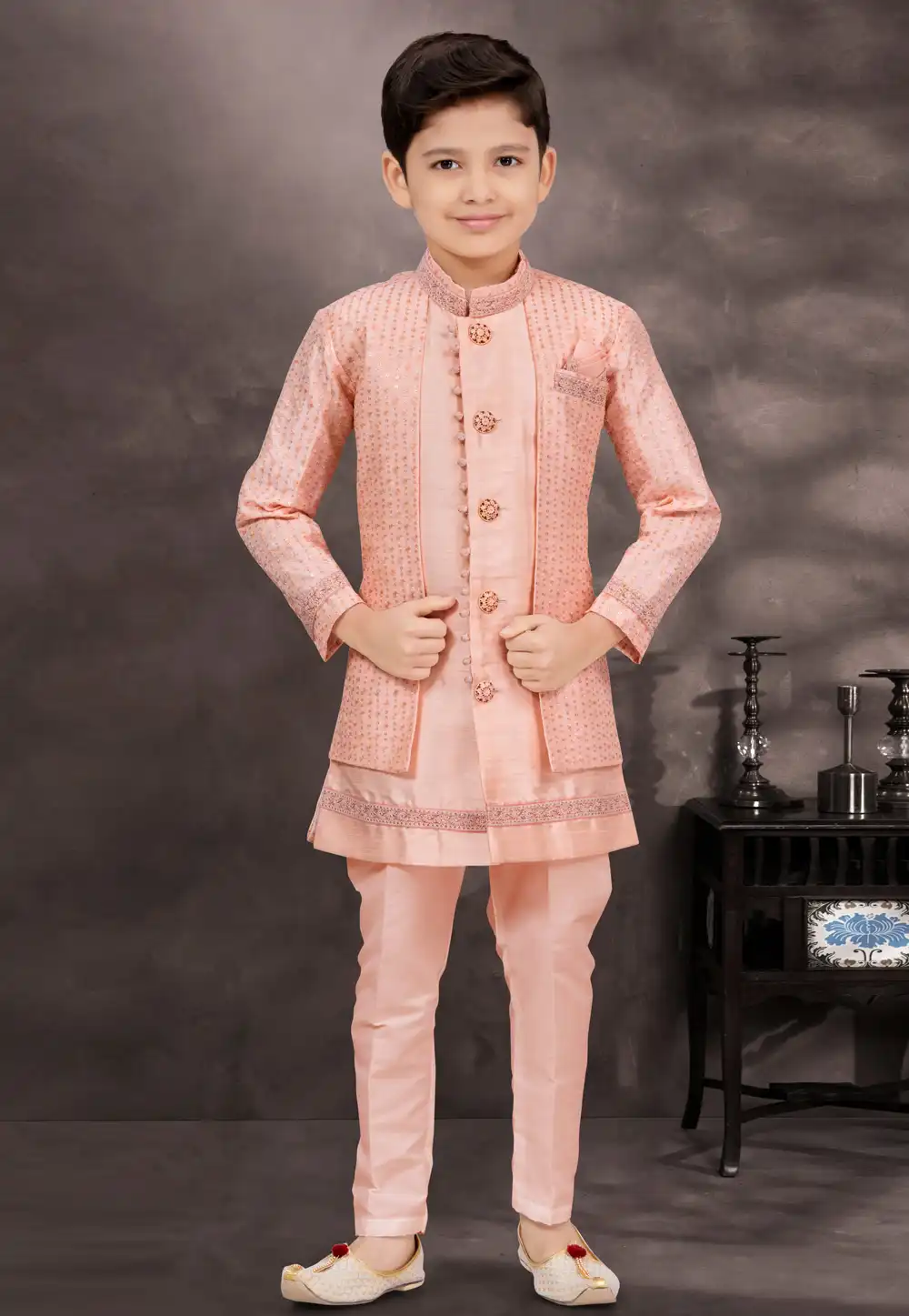 Peach Banarasi Silk Kids Indo Western Suit 294978