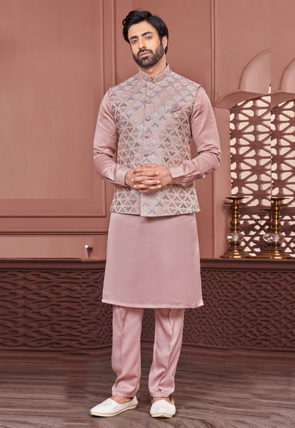 Peach Banarasi Silk Kurta Pajama With Jacket 278248
