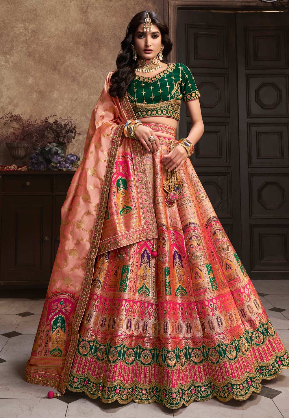 Peach Banarasi Silk Lehenga Choli For Wedding 284443