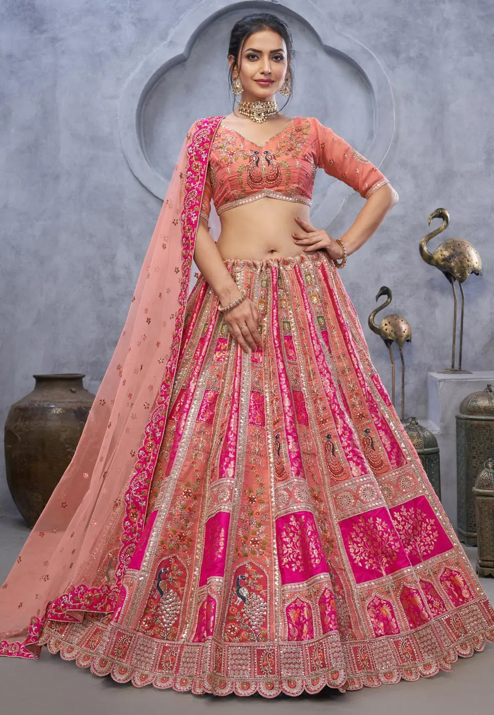 Peach Banarasi Silk Lehenga Choli 303690