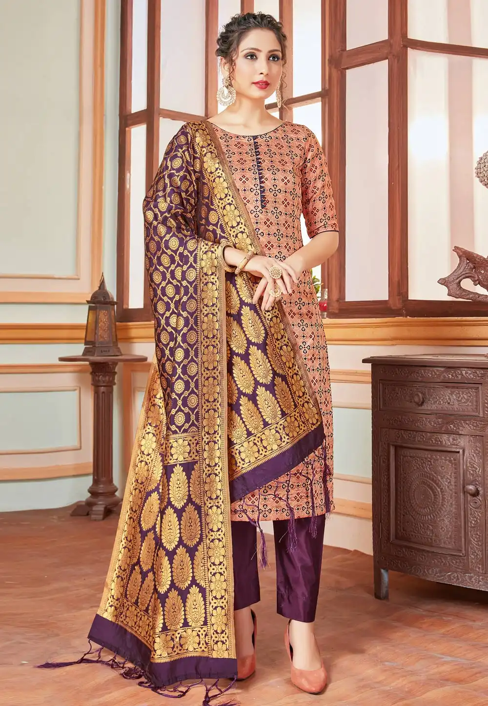 Peach Banarasi Silk Readymade Pant Style Suit 288947