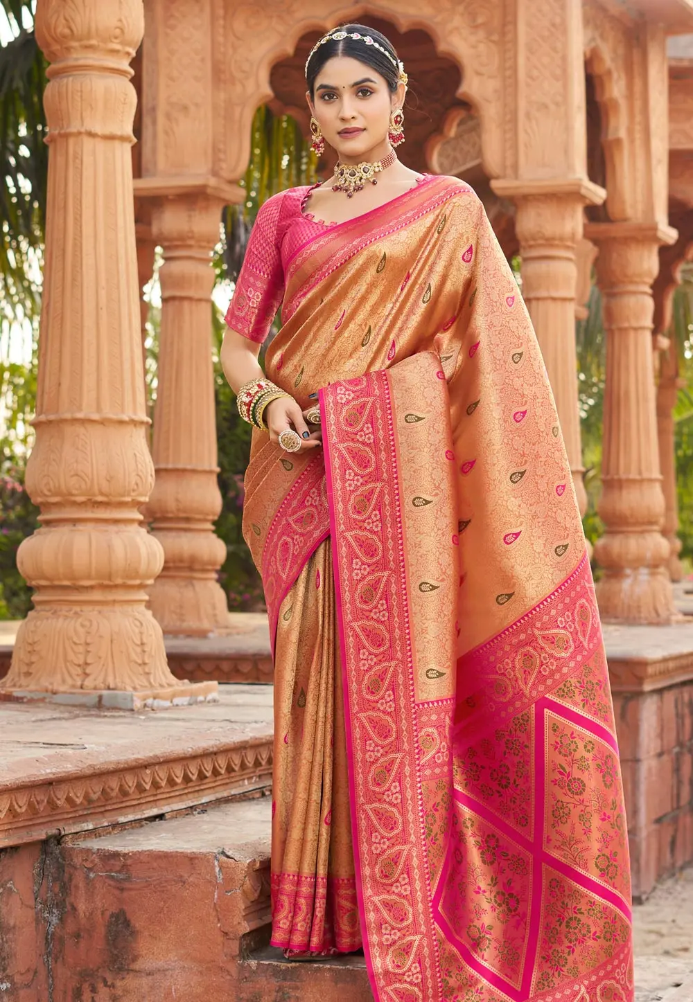 Peach Banarasi Silk Saree 303266