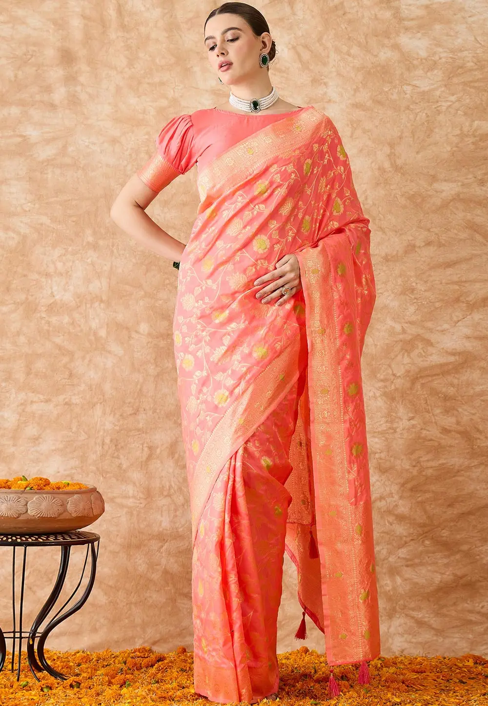 Peach Banarasi Silk Saree 301496