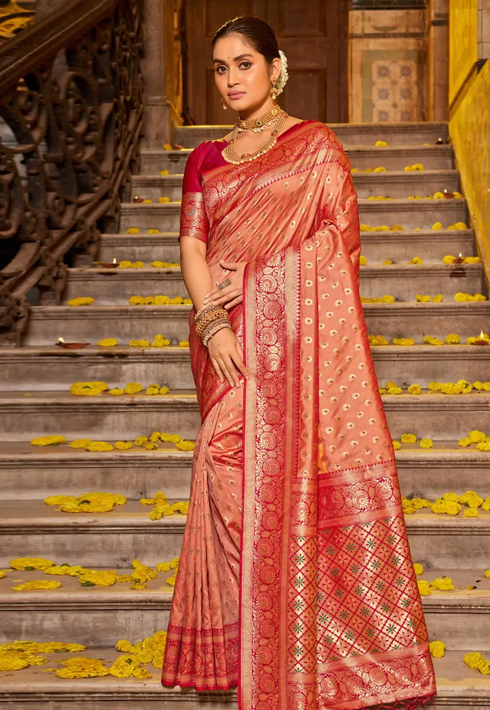 Peach Banarasi Silk Saree 303124