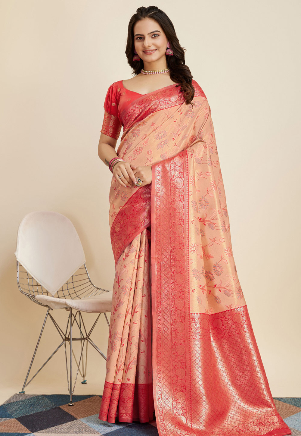 Peach Banarasi Silk Saree With Blouse 280306