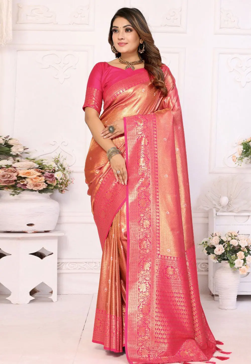 Peach Banarasi Silk Saree With Blouse 301213