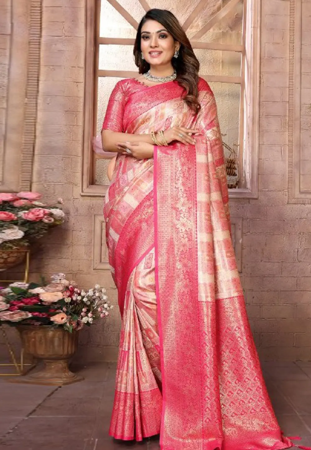 Peach Banarasi Silk Saree With Blouse 302004