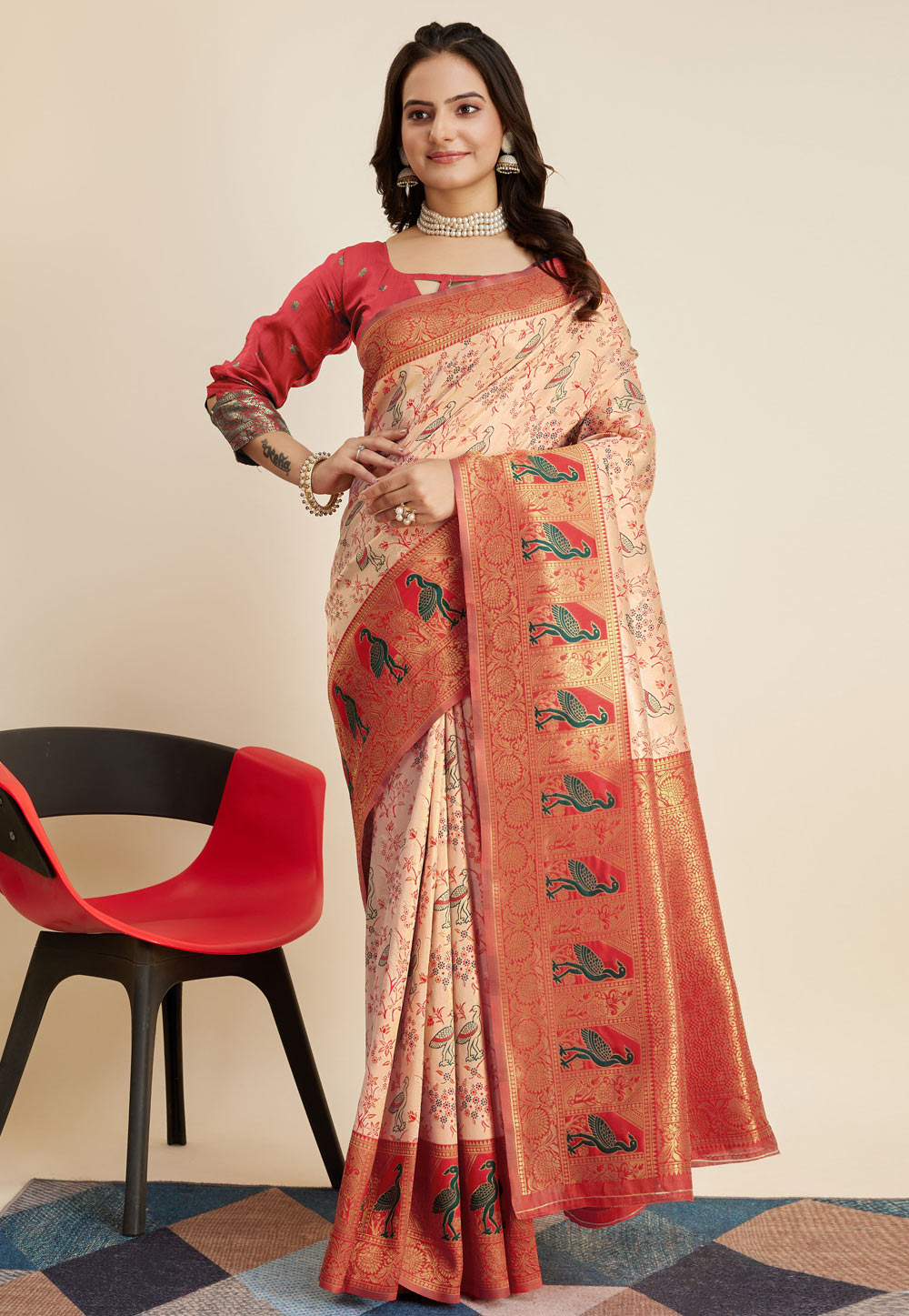 Peach Banarasi Silk Saree With Blouse 283431