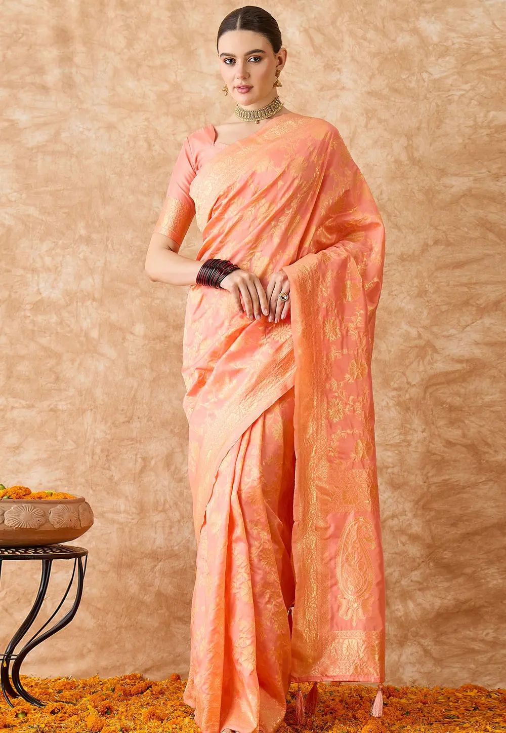 Peach Banarasi Silk Saree With Blouse 301471