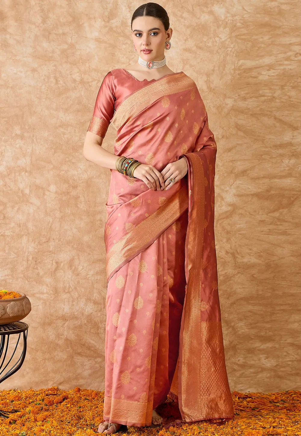 Peach Banarasi Silk Saree With Blouse 301505