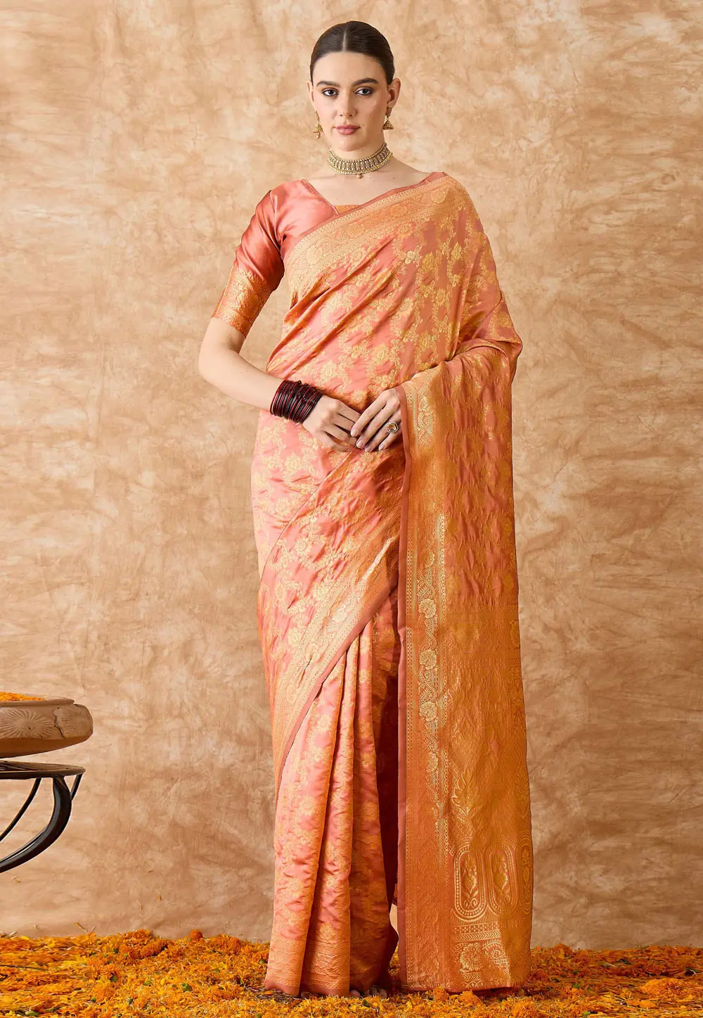 Peach Banarasi Silk Saree With Blouse 301531