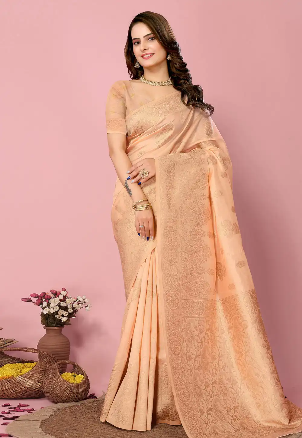 Peach Banarasi Silk Saree With Blouse 289270