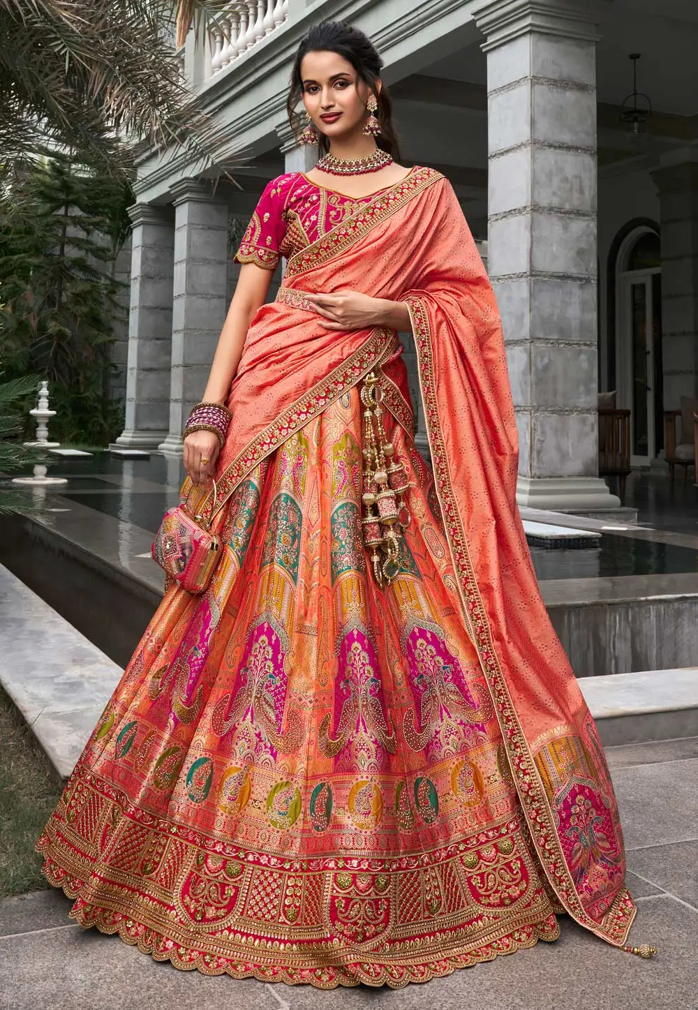 Peach Banarasi Silk Wedding Lehenga Choli 296233