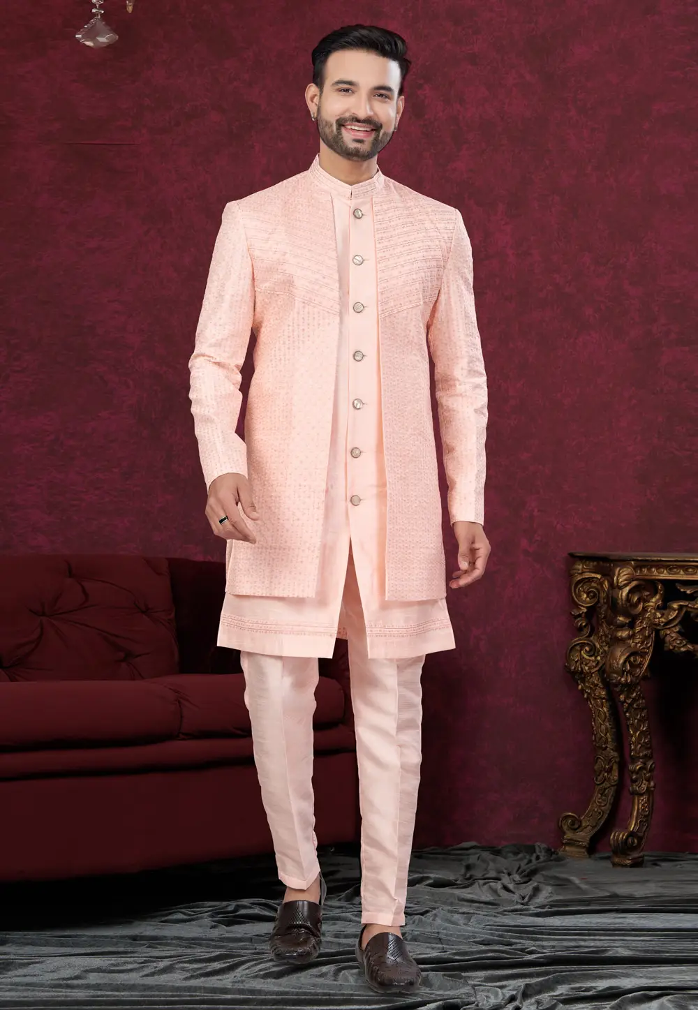 Peach Banglori Silk Indo Western Suit 295614