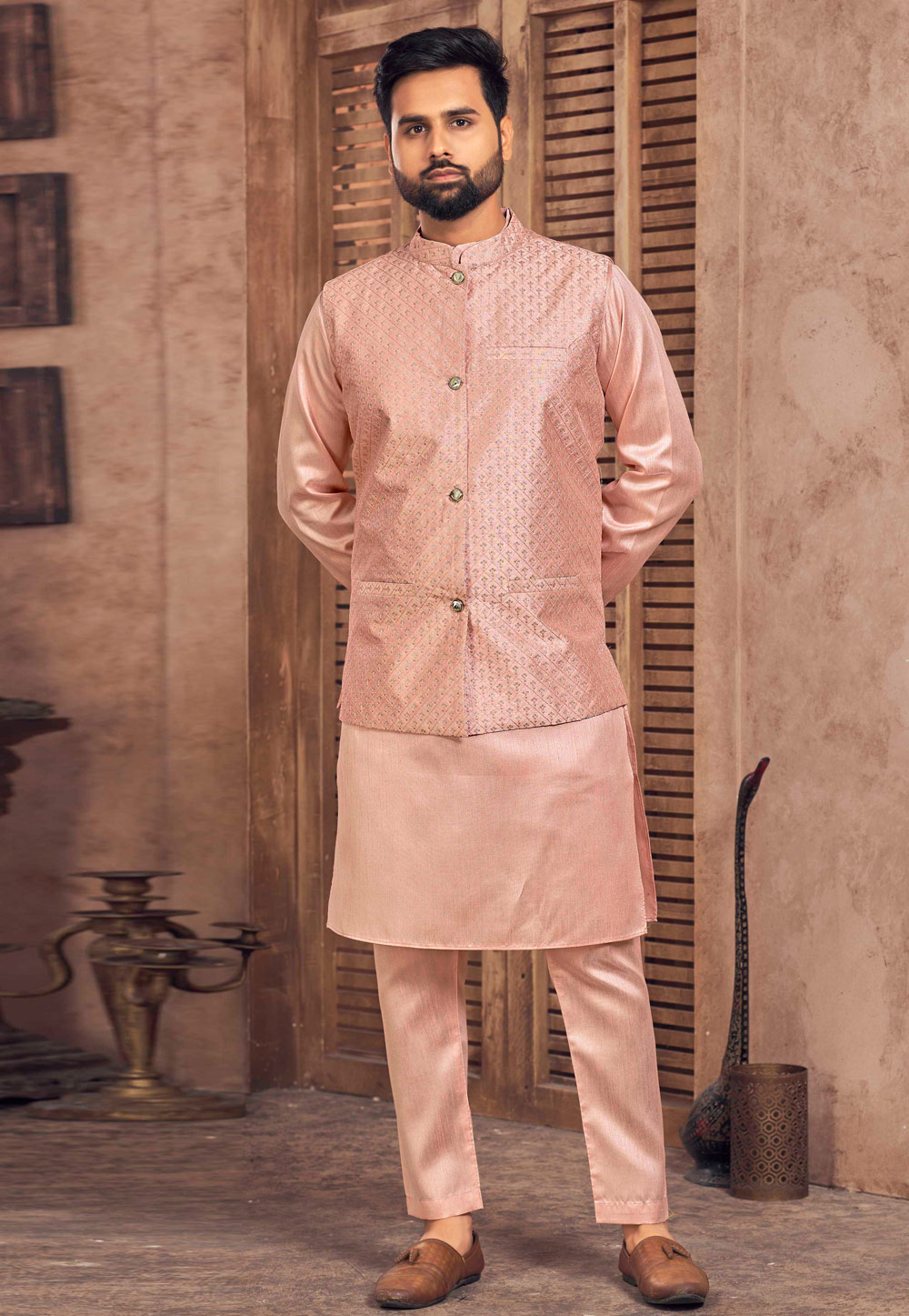 Peach Banglori Silk Kurta Pajama With Jacket 283871