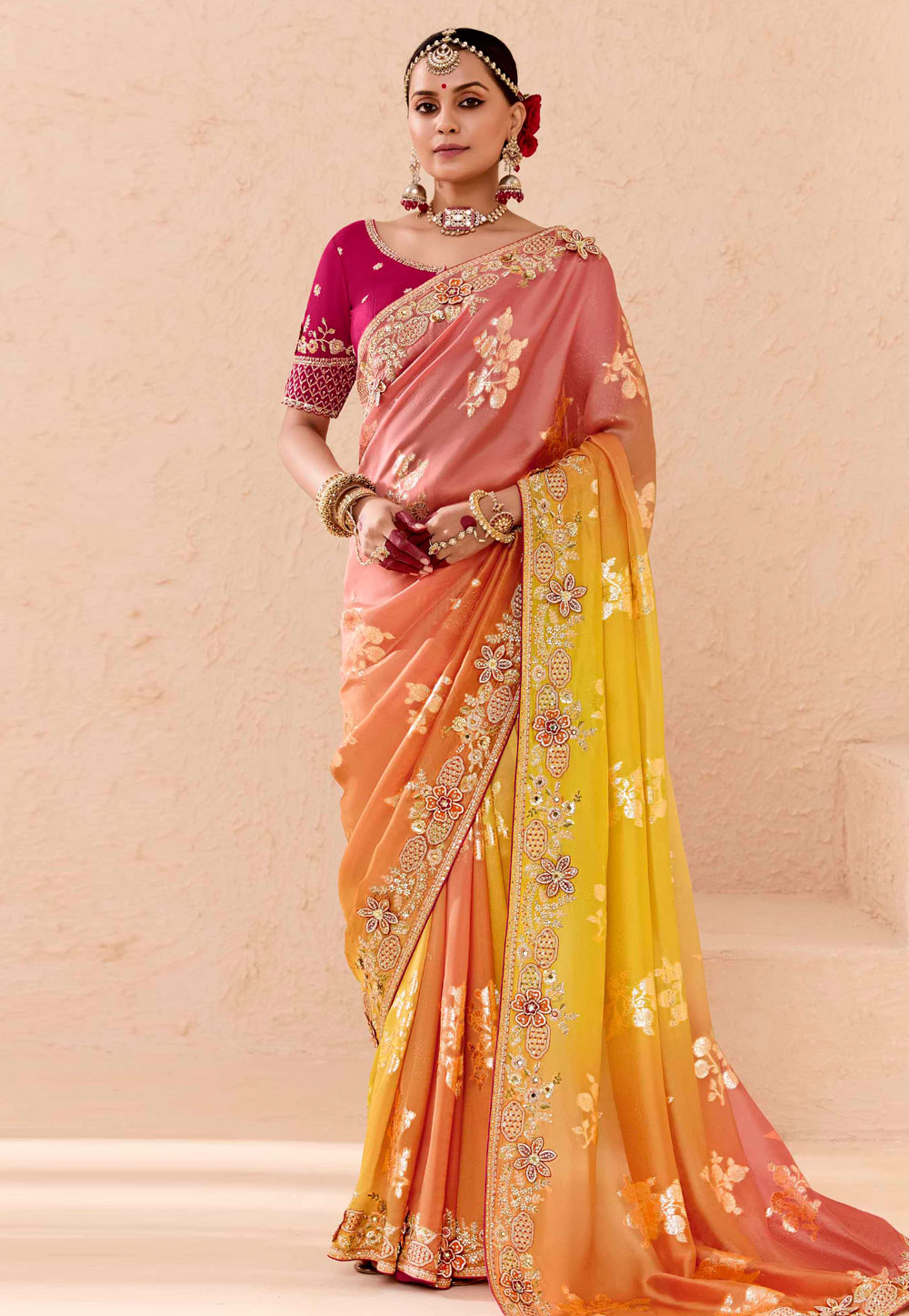 Peach Bemberg Half N Half Saree 305397