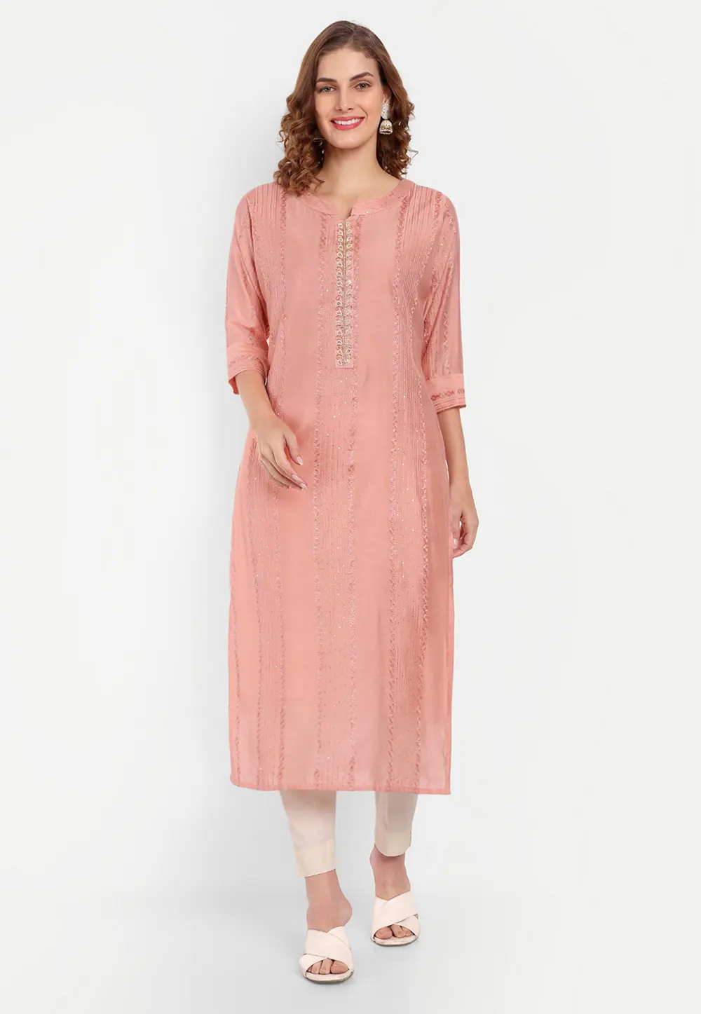 Peach Cambric Cotton Long Kurti 300496