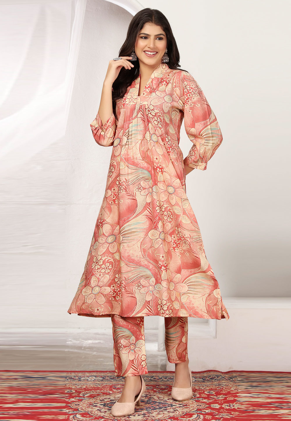 Peach Chanderi Kurta Set With Pant 305568