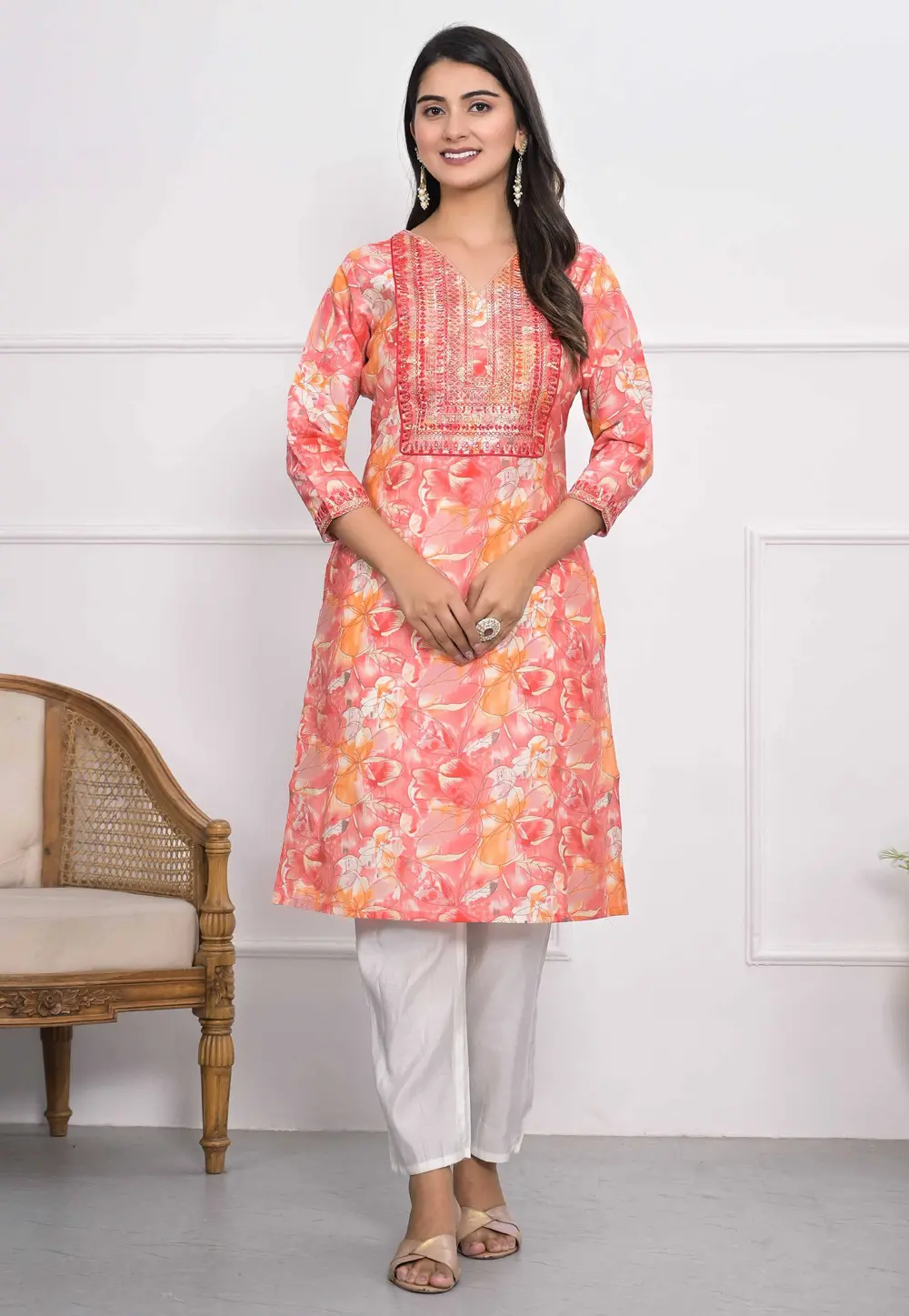 Peach Chanderi Printed Tunic 304236