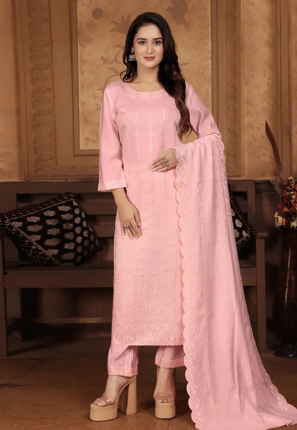 Peach Chanderi Readymade Pakistani Suit 297090