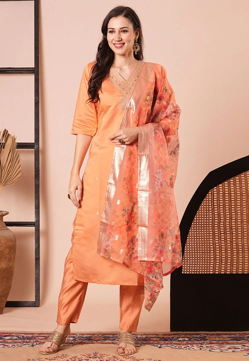 Peach Chanderi Readymade Pant Style Suit 299711